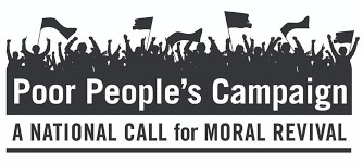 Poor People's Campaign logo showing silhouette of people marching with flags and the words: "Poor People's Campaign. A National Call for Moral Revival"